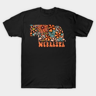 Nebraska State Design | Artist Designed Illustration Featuring Nebraska State Outline Filled With Retro Flowers with Retro Hand-Lettering T-Shirt